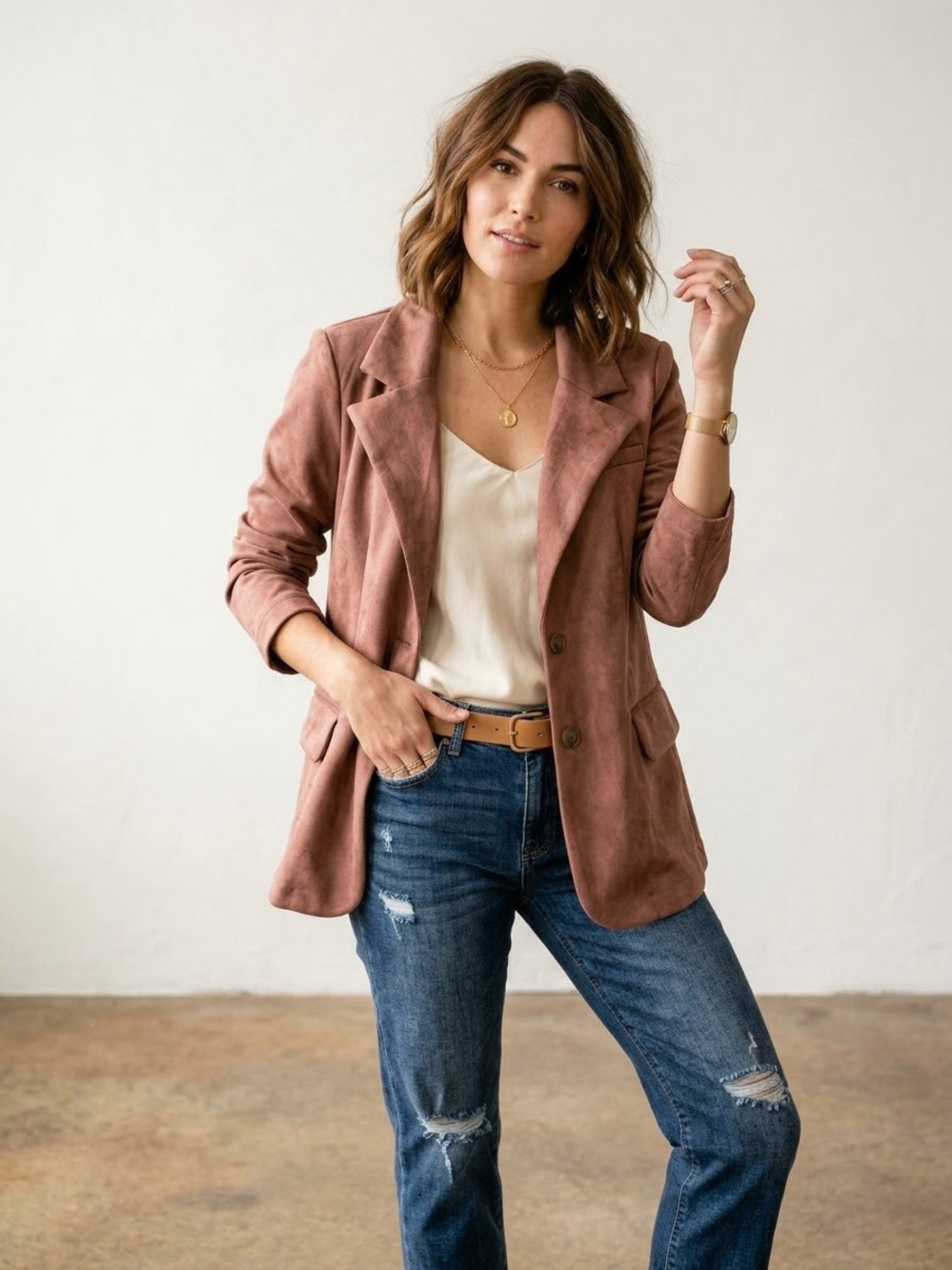 Stoosh Faux Suede Blazer Jacket Sz Medium Chestnut Brown Rose Notch Lapel